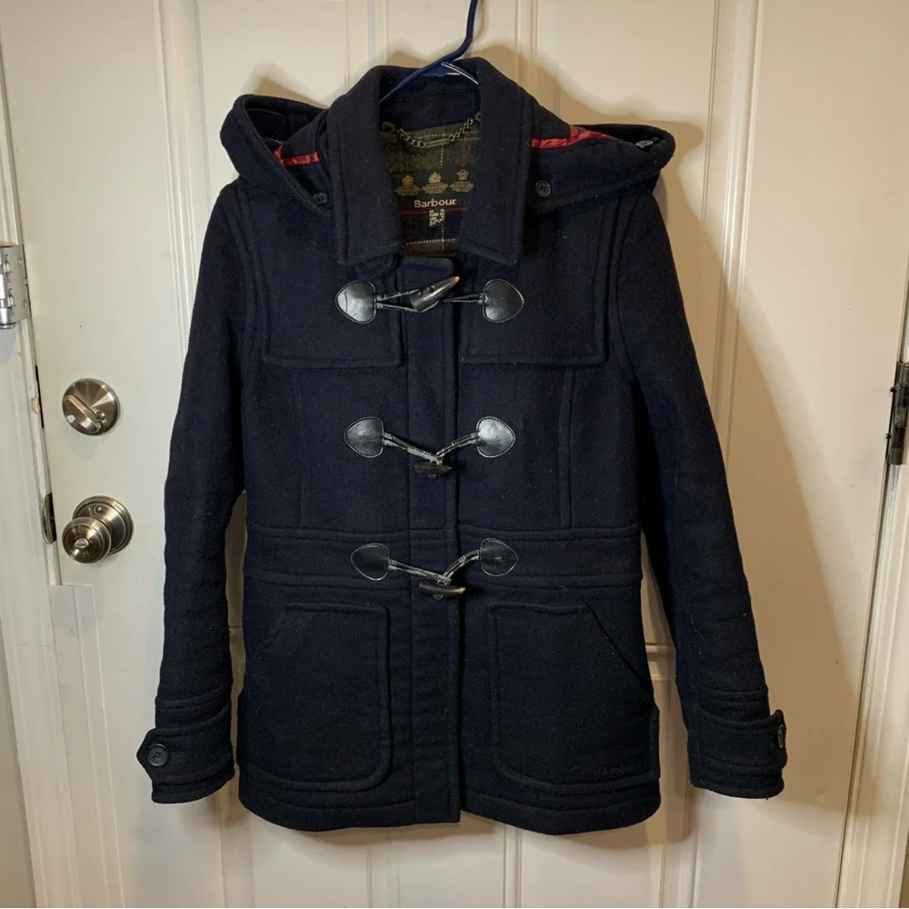 Barbour Vintage Buttermere Wool Toggle Hooded Duffle Coat Peacoat Size 6 - Picture 2 of 11
